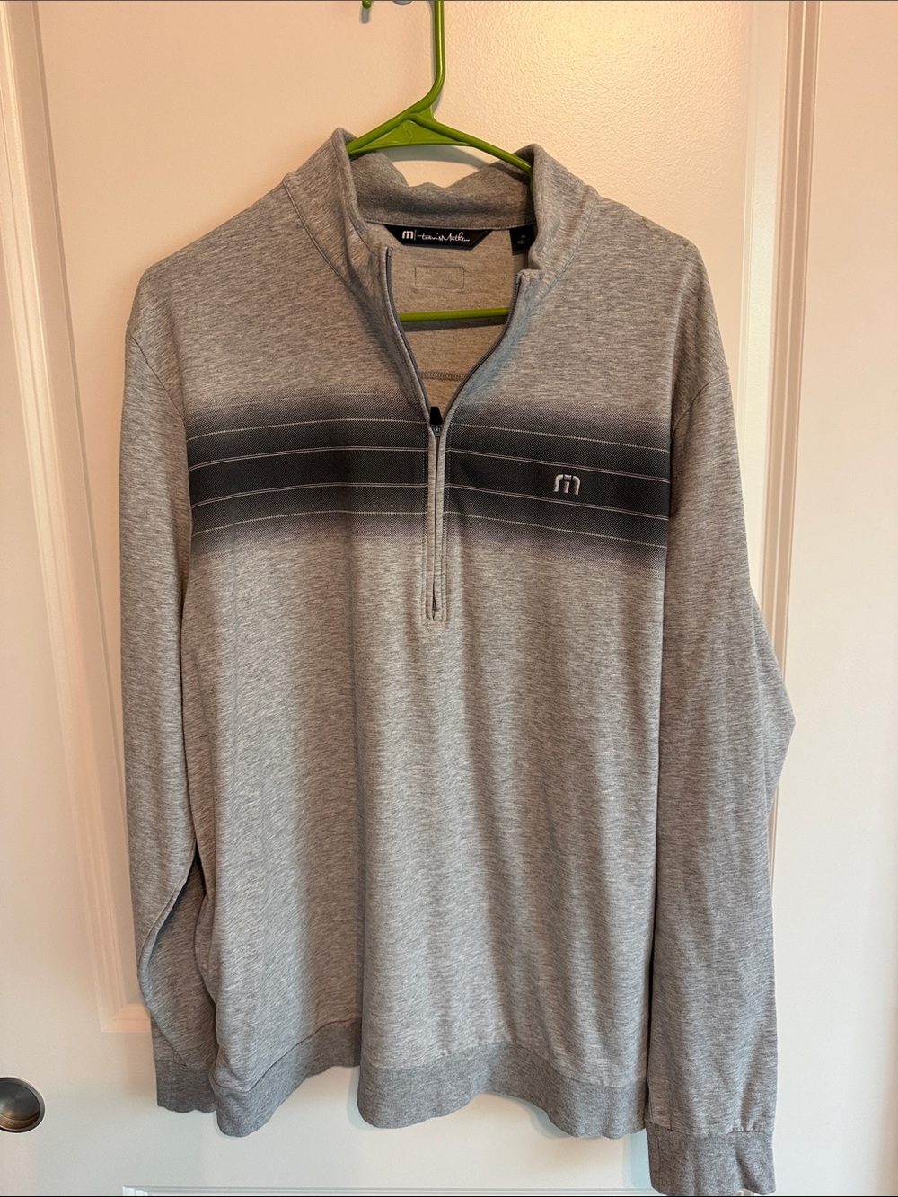 Travis Mathew Men’s Gray Zip-Front Sweater with Dark Stripe